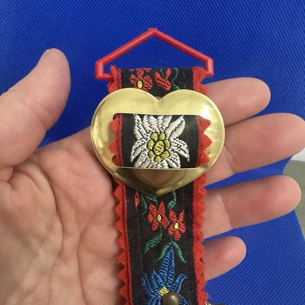 Vintage Floral Switzerland Gold Tone Metal Cow Bell with Floral Heart Ribbon